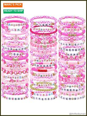 Breast Cancer Awareness Bracelets Set of 50 Pink Ribbon Polymer Clay Bead